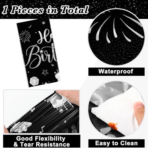 Tudomro 3 Pcs Plastic Happy Birthday Party Tablecloths,Black Silver - color: Black Silver