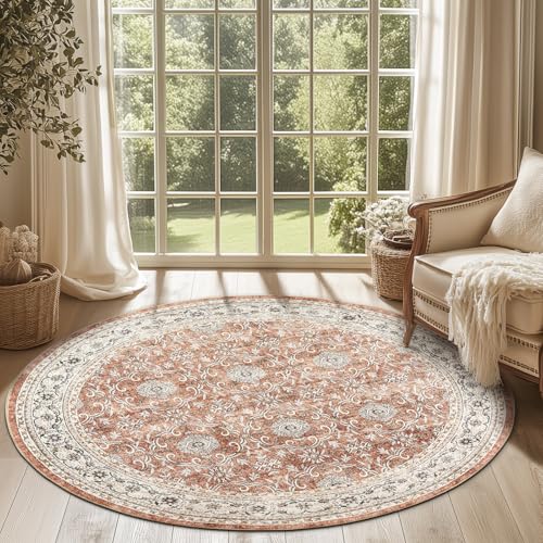jinchan 6ft Vintage Floral Round Rug, Circle Washable Rug, Grey - color: Multi Orange, size: 6' (Round)