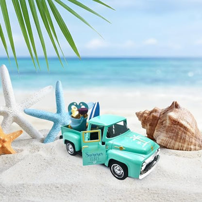 Beach Decor Metal Truck with Mini Fake Beach Buckets Surfboards Flip Flops - color: Beach - Aqua Blue