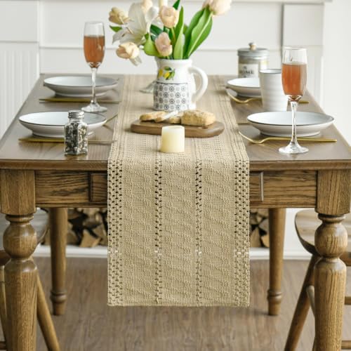 Artoid Mode Burlap Brown Woven Farmhouse Hollow Table Runner 12x36 Inch - color: Burlap Brown, size: 12" x 36", Table Runner