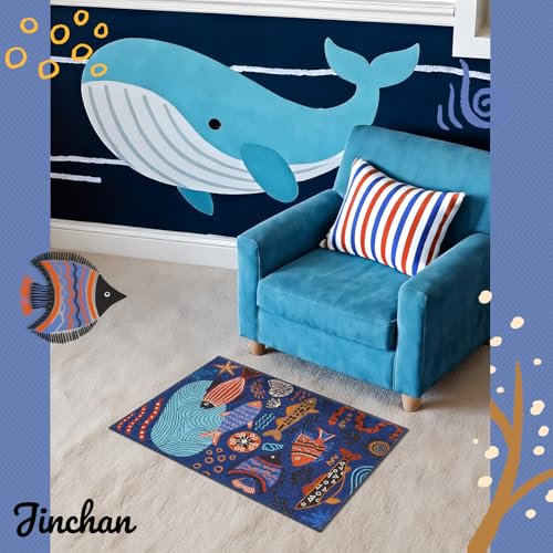 jinchan 2x3 Coastal Area Rug Washable Kids Rug Colorful Ocean Fish Mat Blue - color: Undersea Stroll Navy Blue, size: 2' x 3' (Rectangular)