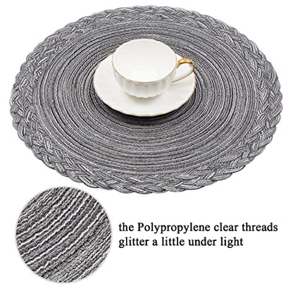 SHACOS Round Placemats Set of 6 Woven Round Table Mats 15 inch Braided Border Washable Cotton Polyester Circle Place Mats, Gray - color: Gray, size: 6 pieces