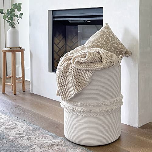 CherryNow 70L Woven Rope Laundry Basket with Tassel, 16" x 22", White - color: Off-white, size: 69L (16"W x 22"H)