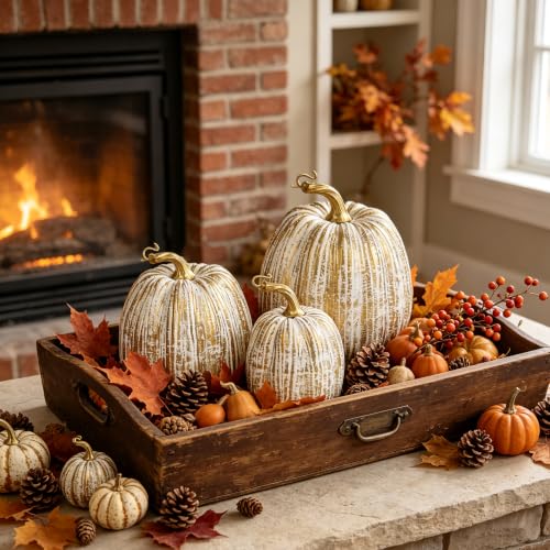 winemana Gold Pumpkins Fall Decor Large Artificial Foam Pumpkin, 3 Pack - color: Gold-2