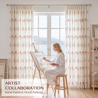 Pinch Pleat Linen Blend Curtains Beige Stripe Floral, 40"W x 90 Inches Long - color: Beige Stripe, size: 40"W x 90"L (Pack of 2)