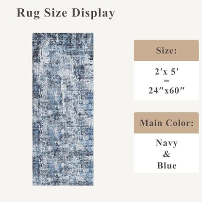 2x5 Washable Kitchen Runner Rug – Non-Slip Rubber Backing Low-Pile Soft Small Rug for Hallway Bathroom Bedroom Entryway Laundry Room – Modern Neutral Abstract Thin (Navy Blue) - color: Navy Blue, size: 2' x 5' (Rectangular)