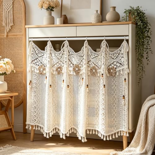 Boho Crochet Lace Sheer Curtain Valance for Window Kitchen Doorway Entryway - size: 55"W x 20"L (Pack of 1)
