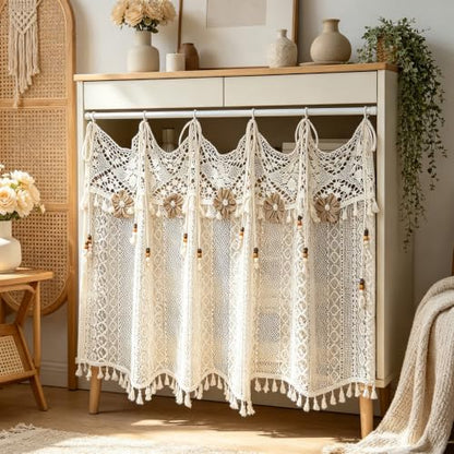 Boho Crochet Lace Sheer Curtain Valance for Window Kitchen Doorway Entryway - size: 55"W x 20"L (Pack of 1)