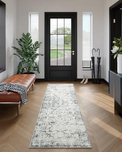 Unirea 2x6 Grey White Runner Rug, Washable Non Slip Vintage Rug for Hallway, Kitchen, Bathroom, Laundry Room, Entryway, Bedroom, Soft Boho Door Mat Indoor Entrance Bug Rugs, Low Pile Carpet - color: Light Grey/White, size: 2x6 Feet