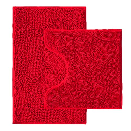Bathroom Rugs Sets 2 Piece,Super Absorbent Chenille Bath Mats and U-Shaped Toilet Rug,Strong PVC Non Slip Backing,Microfiber Washable Dry Quickly Bath Mats for Bathroom(20"x32"+20"x20"U, Red) - color: Red