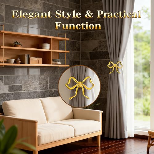 2-Piece Gold Bow Curtain Tiebacks, Metal Wall-Mounted Curtain Holdbacks, Gold Holders for Living Room, Bedroom, Office, and Home Decor
