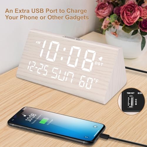 DreamSky Digital Alarm Clock for Bedrooms - Wooden Desk Clock with Date - color: White