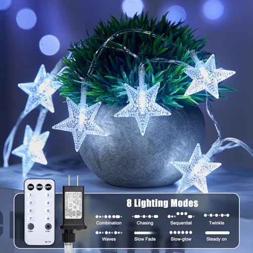 Star String Lights Plug in - 33 ft 100 LED Star Fairy String Lights with Remote and Timer, 8 Modes Waterproof for Bedroom Tent Loft Bed Window Backyard Patio Porch Balcony Staircase Party, White - color: Star - White - 33 FT