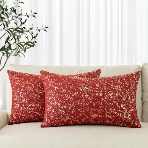AVOIN colorlife Gold Foil Velvet Throw Pillow Covers 12 x 20 Inch, Red Luxury Accent Cushion Case Glitter Decoration for Home Sofa Couch Set of 2 - color: Red, size: 20" x 12" (Pack of 2)