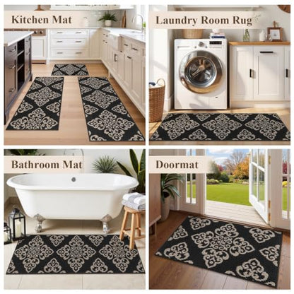 U'Artlines 3-Piece Kitchen Rug Set Damask Medallion Floor Mats - color: Damask Black