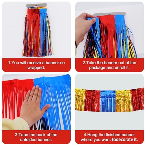 BEISHIDA Red Blue Gold Fringe Garland Banner 30ft Wall Tinsel Foil Streamer - color: Gold Red Blue