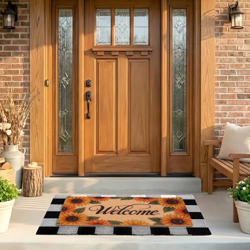 2-Piece Layered Welcome Mat Set - Coir Doormat & Buffalo Plaid Rug - color: Floral Sunflower