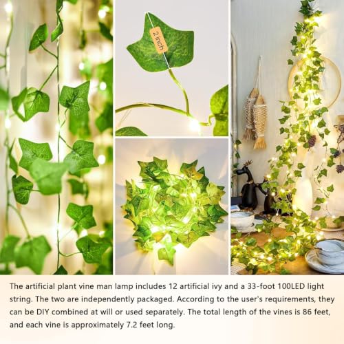 Fake Vines with Fairy Lights 12PCS 86FT Artificial Ivy Garland with Lights 8 Modes Remote Hanging Plants Faux Greenery Leaves for Bedroom wall Art Aesthetic Office Wedding Party Home Garden Decor
