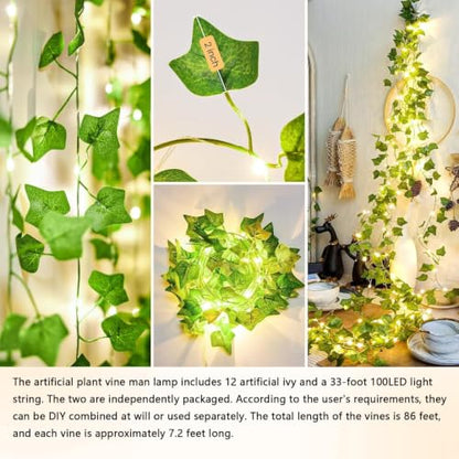 Fake Vines with Fairy Lights 12PCS 86FT Artificial Ivy Garland with Lights 8 Modes Remote Hanging Plants Faux Greenery Leaves for Bedroom wall Art Aesthetic Office Wedding Party Home Garden Decor