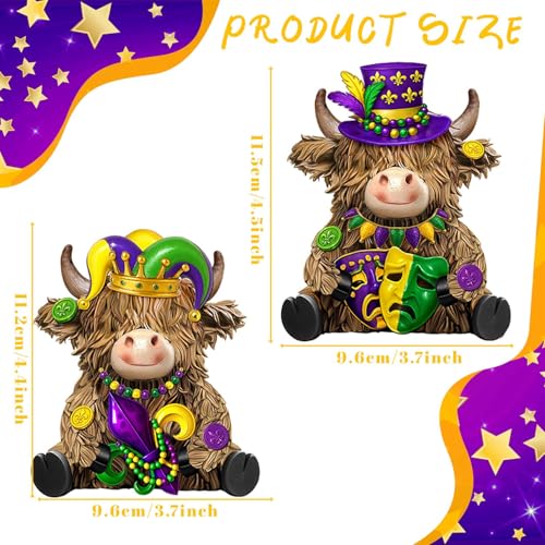 2 Pack Mardi Gras Highland Cow Figurines Mardi Gras Gifts - style: Mardi Gras