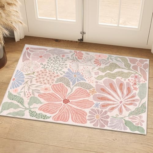 MUJOO Pink 2x3 Washable Rug Floral Small Area Rugs Non Slip Low-Pile - color: Pink, size: 2' x 3' (Rectangular)