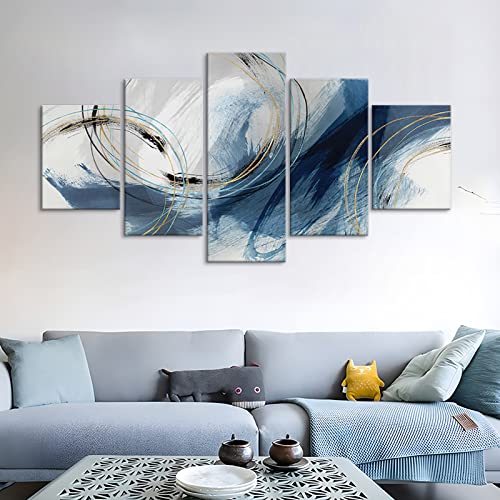 Fu-Keivy Blue Grey Abstract Canvas Wall Art Decor Fantasy Modern Artwork Painting for Living Room Bedroom 5 Panel Wall Pictures Graffiti on White Background - size: 60''W x 32''H