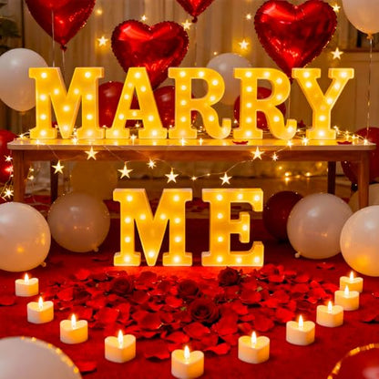 Marry Me Light Up Letters, with 30 Tea Lights Candles, Rose Petals, Aluminum Balloons, Balloons, Red Carpet, Rose Ring Box, Double Sided Tape, Valentine's Day Proposal Engagement Wedding Decorations - color: MARRY ME - Large