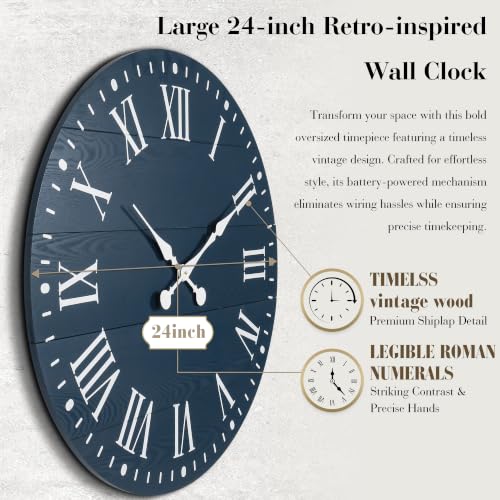 Large Wall Clock with Roman Numeral, 24” Shiplap Farmhouse Clock - color: Blue, size: 24 Inch