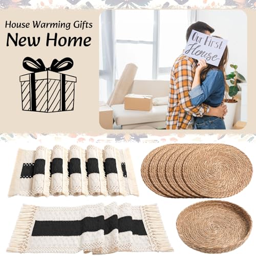 Boho Table Runner and Placemats Set, 6 Sets, Black A, 12x72 - color: Black a, size: 12x72"