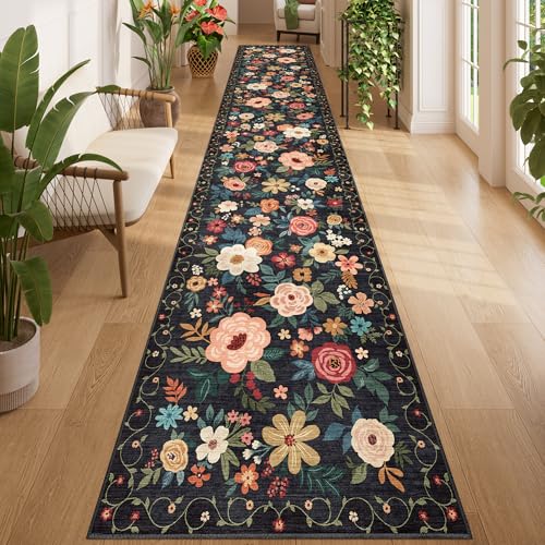 DUKINO 2.6x14 Washable Runner Rug, Floral Non Slip Long Runner Rug, Black - color: Black, size: 2'6" x 14' (Rectangular)