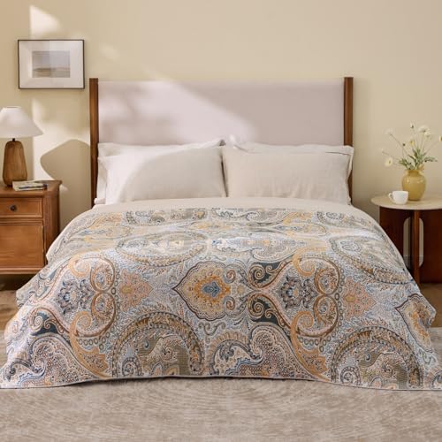 100% Cotton Boho Throw Blanket for Home Decor – Classic Farmhouse Quilt Bedding, Muslin Blankets for Adults, Vintage Woven Decorative Blanket for Couch, Bed Layering Use, Paisley Pattern, 90"x90" - color: 2 - Paisley, size: Queen(90 x 90 Inch)