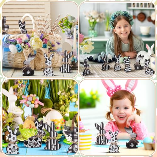 Thinkday 6 Pcs Easter Bunny Wooden Signs Rabbit Spring Table Signs for Home Office Table Wood Bunny Easter Decorations with Ribbons for Tiered Tray Mantel Shelf(Delicate Style) - style: Delicate Style