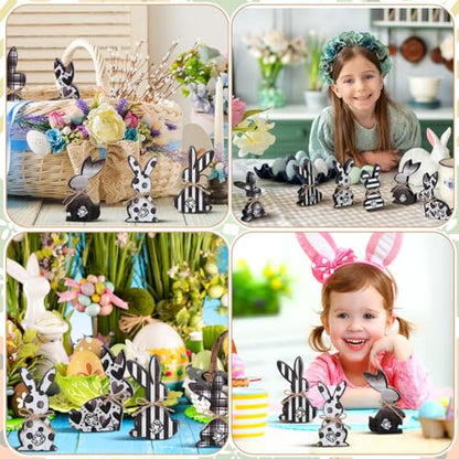 Thinkday 6 Pcs Easter Bunny Wooden Signs Rabbit Spring Table Signs for Home Office Table Wood Bunny Easter Decorations with Ribbons for Tiered Tray Mantel Shelf(Delicate Style) - style: Delicate Style