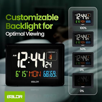 Baldr Digital Alarm Atomic Clock, 7'' Display with Adjustable Brightness - color: Black