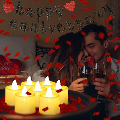 Retisee Red Anniversary Decorations Happy Anniversary Banner Sign Romantic Feliz Aniversario Party Decoration Glitter Banner with 24pcs LED Candles 2000pcs Rose Petals for Home Party Night Wedding