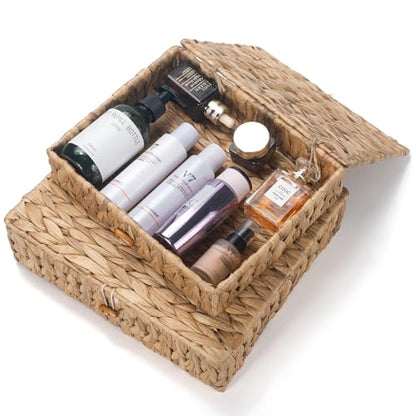 Wicker Storage Basket with Lid, Flat Water Hyacinth Baskets, Shallow Woven Basket for Shlef, Decorative Storage Boxes for Organizing