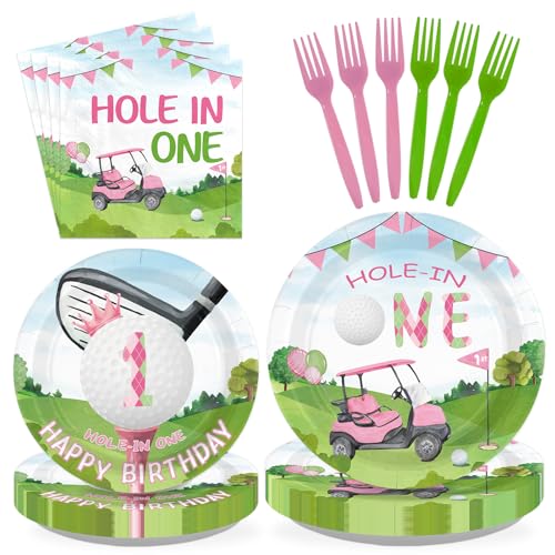 96 Pcs Pink Golf First Birthday Party Decorations, Serves 24 - style: Pink Hole In One Kits