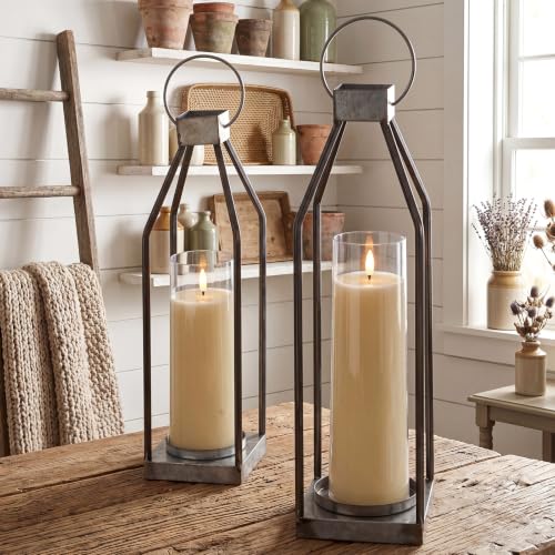 Gerrii 2 Pcs 15"&16.5" Farmhouse Rustic Lanterns Decorative with LED Candle Set Galvanized Metal, Handcrafted Candle Holders, Outdoor Indoor Porch Fireplace Mantel Table Festive Gatherings Decor