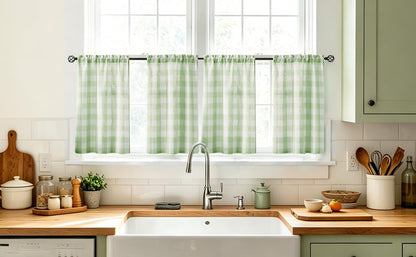 Plaid Kitchen Curtains 27x24 Green White Check Tiers for Kitchen Semi Sheer - color: Light Green and White, size: 24"W x 24"L (Pack of 2)