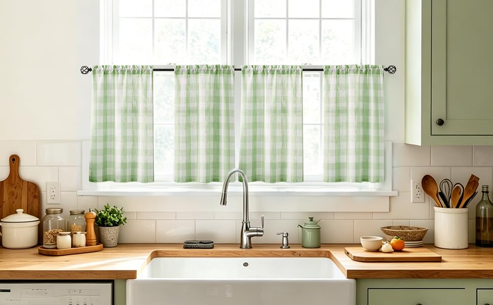Buffalo Plaid Kitchen Curtains 27x24" Green White Check Tiers Semi Sheer - color: Light Green and White, size: 24"W x 36"L (Pack of 2)