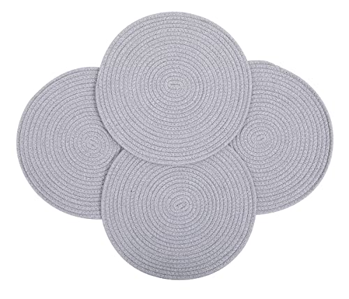 4 Pack Woven Placemats, 13.8 inches Round Plate Chargers Grey Thick Placemat Set Cotton Rope Braided Tablemats Rattan Mats Rustic Weave Placemats for Table Decoration - color: Gray, size: Round Set of 4
