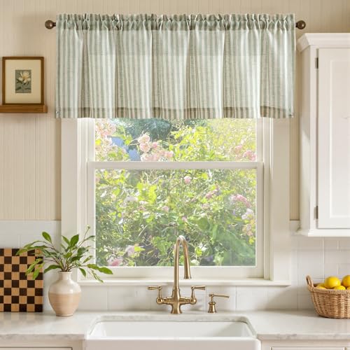 jinchan Linen Boxter Stripe Valances for Window 16 inch,Sage Green,1 Panel - color: Boxter Stripe | Sage Green on Linen, size: 50"W x 16"L (Pack of 1)