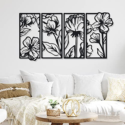 4 Pcs Black Metal Flower Wall Art Minimalist Floral Decor, Stylish - style: Stylish
