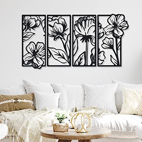 4 Pcs Black Metal Flower Wall Art Minimalist Floral Decor, Stylish - style: Stylish