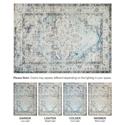 Bloom Rugs Washable Non-Slip 7 ft Runner - Beige/Blue Traditional Runner for Entryway, Hallway, Bathroom, and Kitchen - Exact Size: 2.5' x 7' - color: Beige / Blue, size: 2'6" x 7' (Runner)