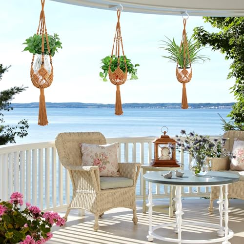 Augshy Jute Crochet Macrame Plant Hangers with Hooks, 2 Pack Hanging Holder - color: Caramel, size: 35 Inches