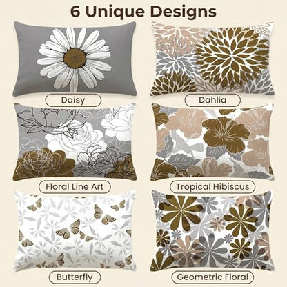 COMMINY Brown Grey Lumbar Pillow Covers 12x20 Set of 6 Floral Pillow Covers - color: Grey Brown, size: 20" x 12" (Pack of 6)