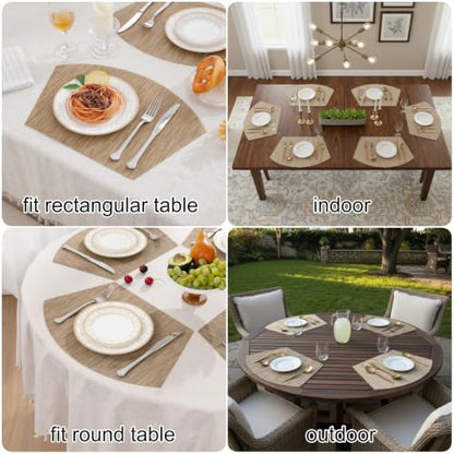 SHACOS Wedge Shape Placemats Set of 4 Woven Vinyl Placemat for Round Table - color: Tan