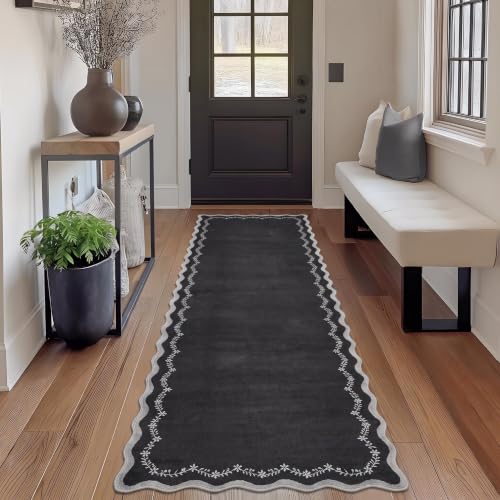GarveeHome 2x6 Scalloped Washable Runner Rug Non Slip Hallway Kitchen Rug - color: Black, size: 2' x 6' (Rectangular)