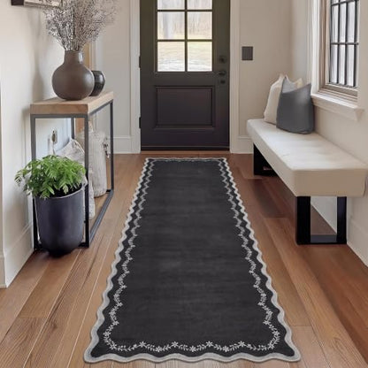 GarveeHome 2.5x8 Scalloped Washable Runner Rug Non Slip Hallway Kitchen Rug - color: Black, size: 2'6" x 8' (Rectangular)